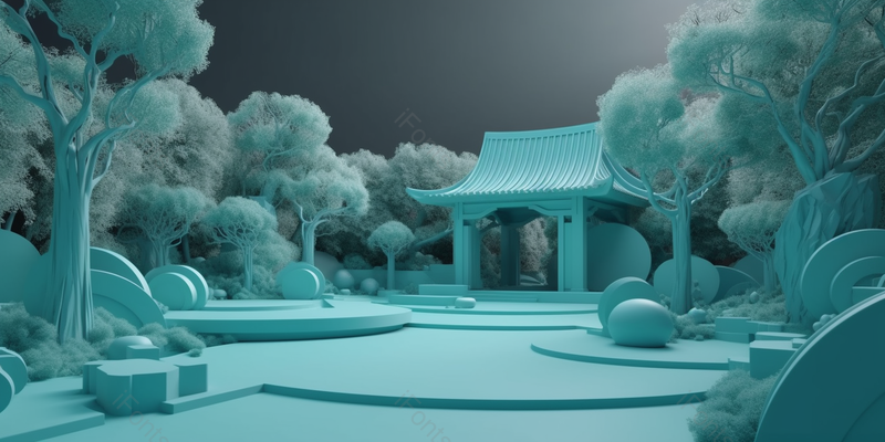 中式风格庭院薄荷绿公园3D渲染场景,插画/手绘图,插画/手绘图库,插画/手绘图下载,插画/手绘